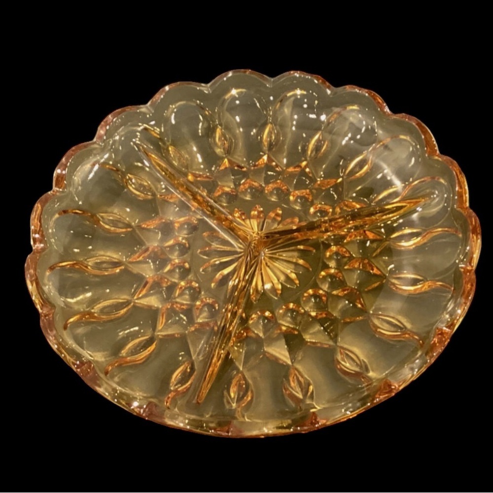Vintage Anchor Hocking Fairfield Amber Glass Divided Dish Serving Plate.